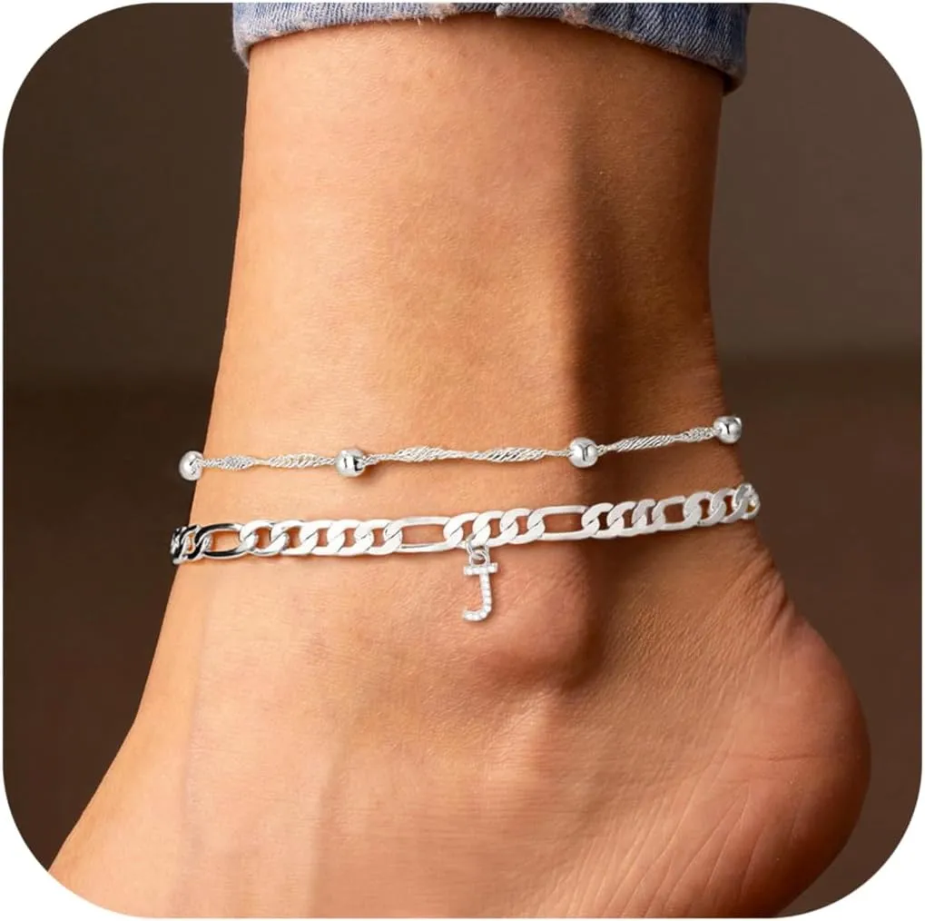 Ursteel Ankle Bracelets for Women, 14K Gold Plated Dainty Layered Chain CZ Initial Anklets Summer Jewelry Gifts for Women