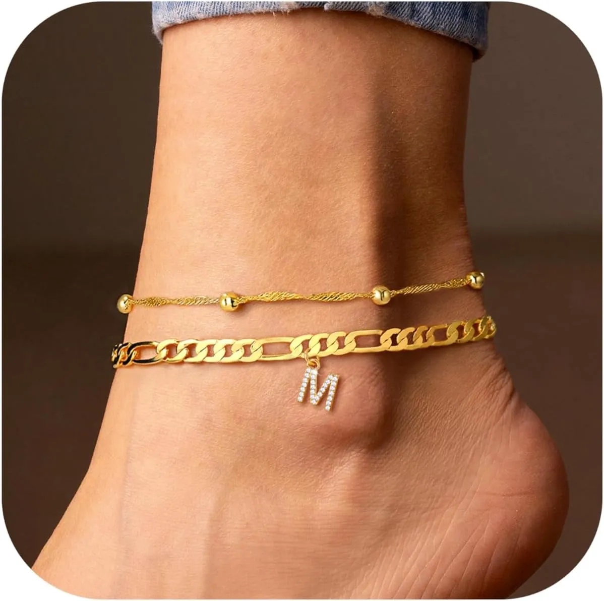 Ursteel Ankle Bracelets for Women, 14K Gold Plated Dainty Layered Chain CZ Initial Anklets Summer Jewelry Gifts for Women
