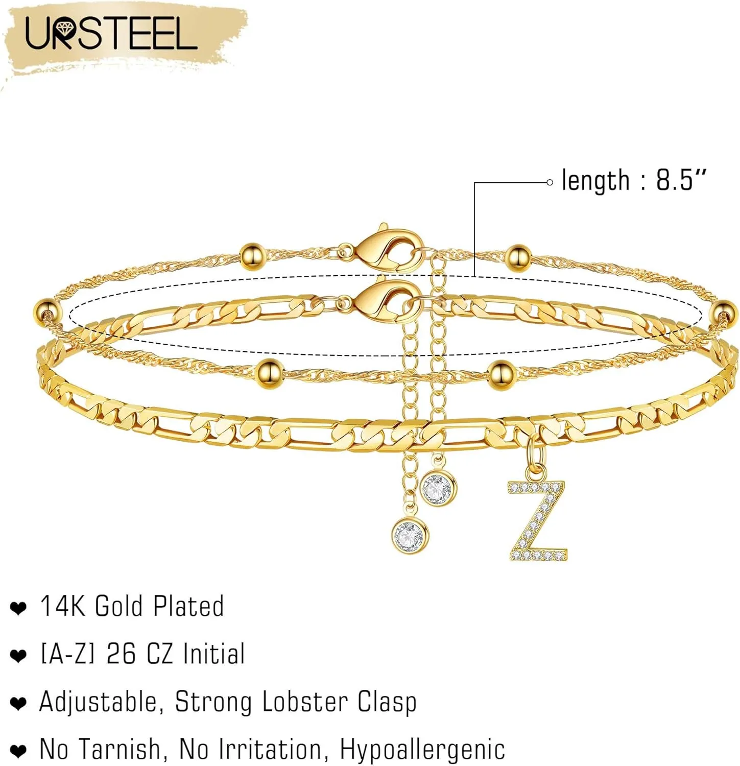 Ursteel Ankle Bracelets for Women, 14K Gold Plated Dainty Layered Chain CZ Initial Anklets Summer Jewelry Gifts for Women