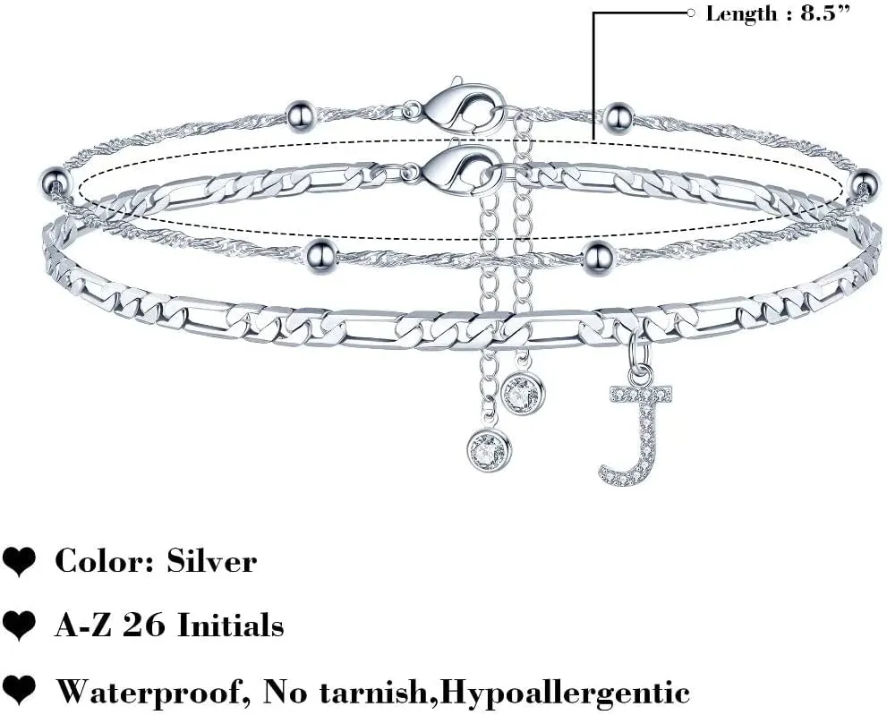 Ursteel Ankle Bracelets for Women, 14K Gold Plated Dainty Layered Chain CZ Initial Anklets Summer Jewelry Gifts for Women