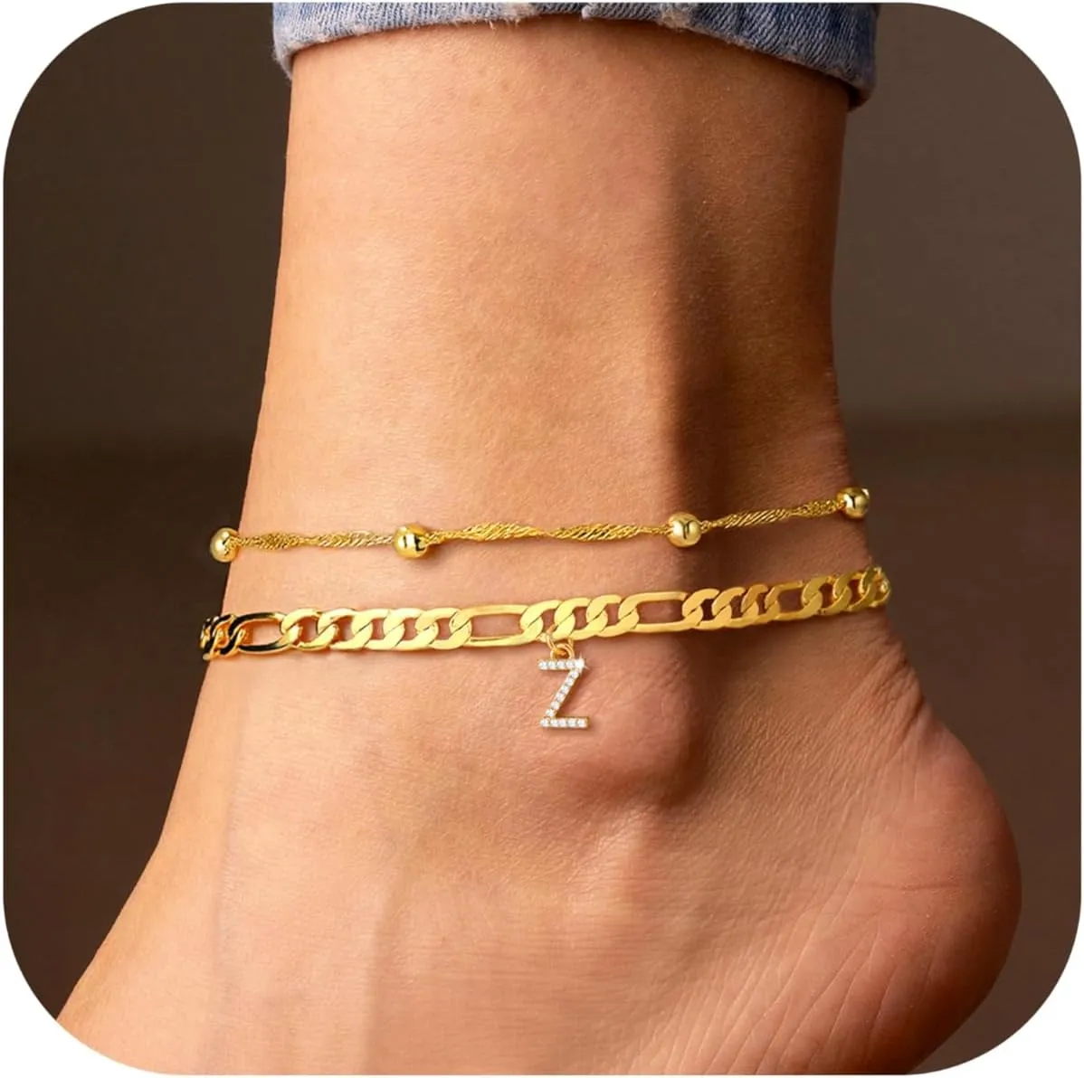 Ursteel Ankle Bracelets for Women, 14K Gold Plated Dainty Layered Chain CZ Initial Anklets Summer Jewelry Gifts for Women