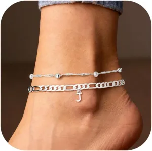 Ursteel Ankle Bracelets for Women, 14K Gold Plated Dainty Layered Chain CZ Initial Anklets Summer Jewelry Gifts for Women