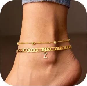 Ursteel Ankle Bracelets for Women, 14K Gold Plated Dainty Layered Chain CZ Initial Anklets Summer Jewelry Gifts for Women