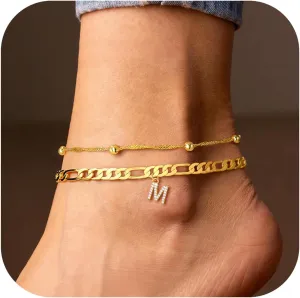 Ursteel Ankle Bracelets for Women, 14K Gold Plated Dainty Layered Chain CZ Initial Anklets Summer Jewelry Gifts for Women
