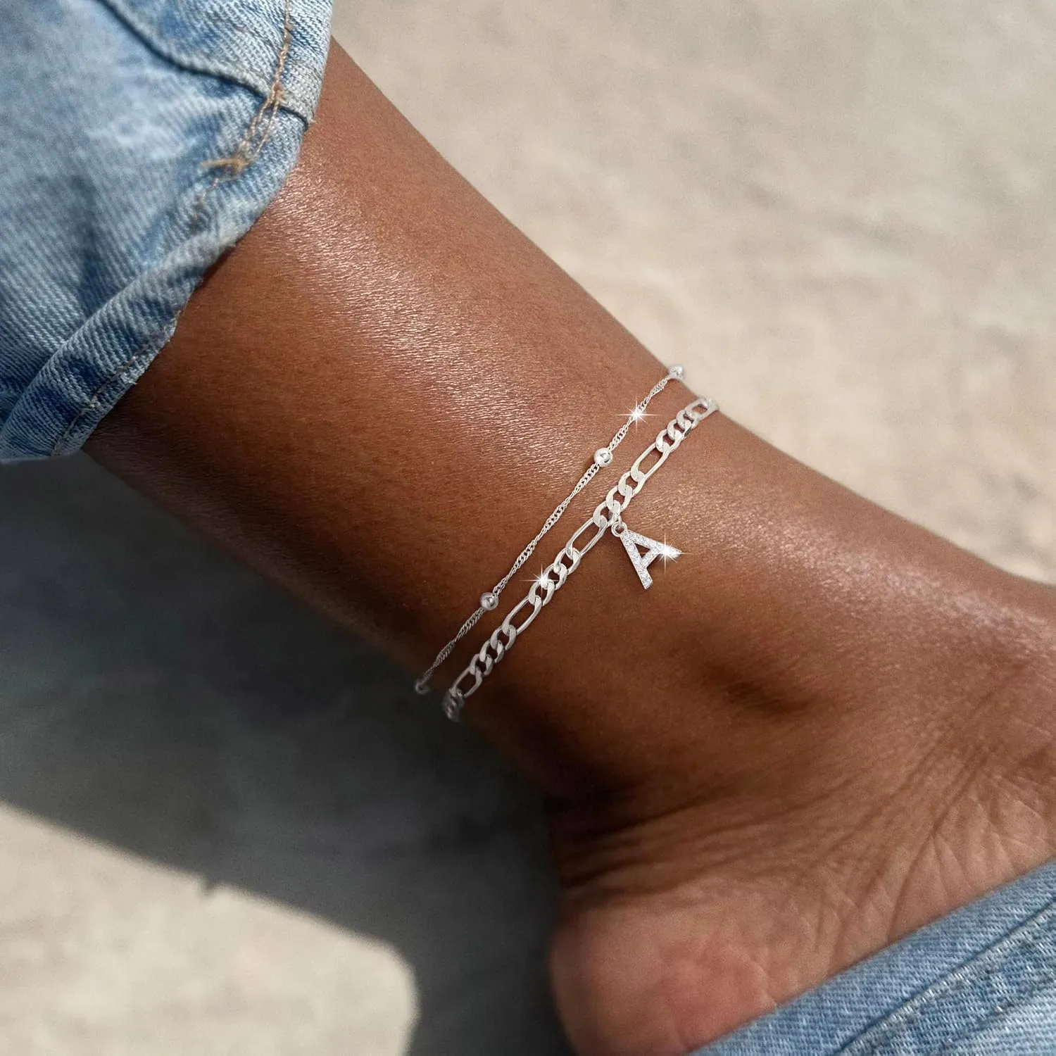 Ursteel Ankle Bracelets for Women, 14K Gold Plated Dainty Layered Chain CZ Initial Anklets Summer Jewelry Gifts for Women