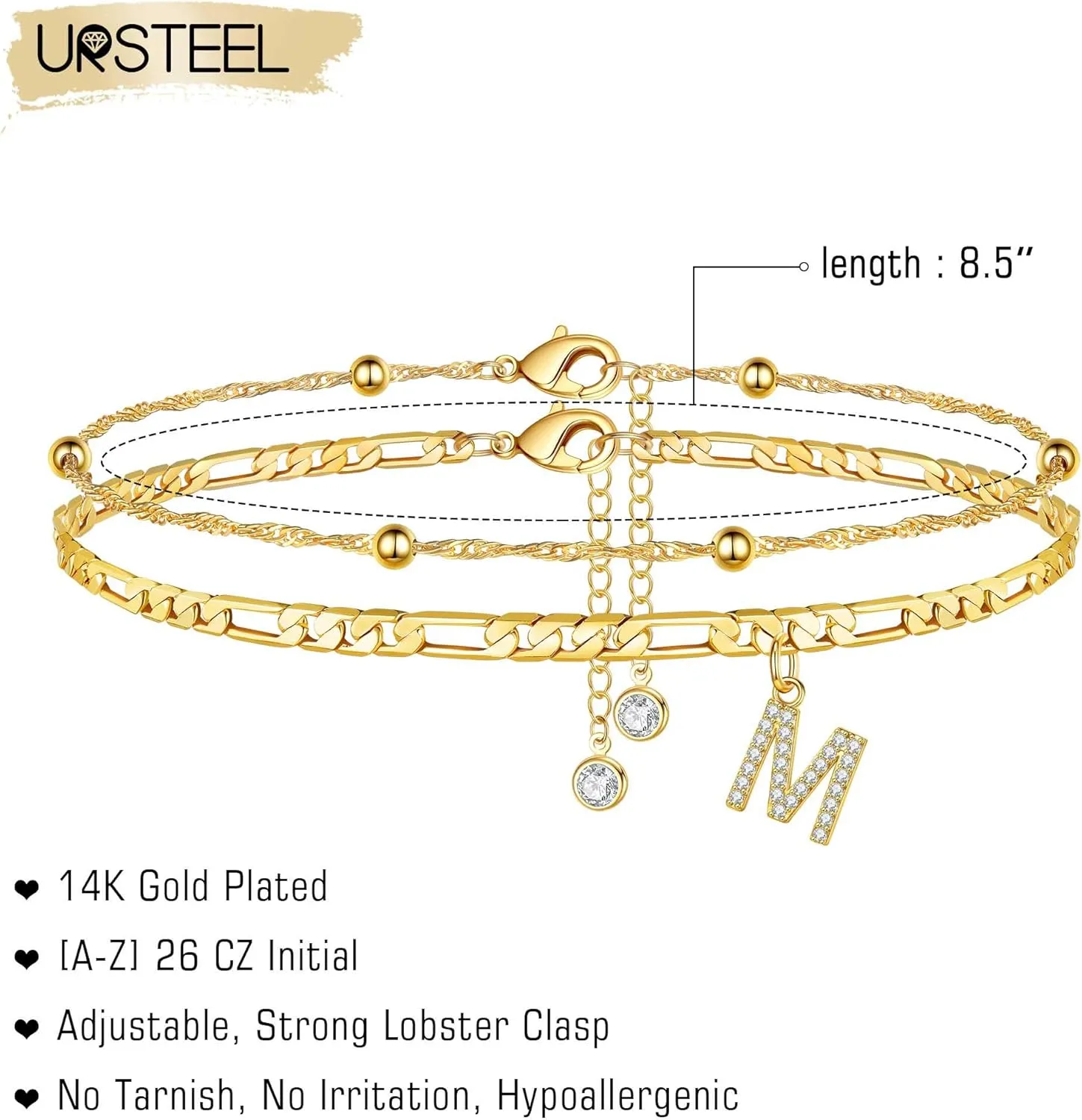 Ursteel Ankle Bracelets for Women, 14K Gold Plated Dainty Layered Chain CZ Initial Anklets Summer Jewelry Gifts for Women