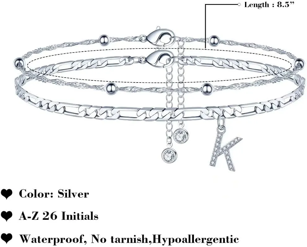 Ursteel Ankle Bracelets for Women, 14K Gold Plated Dainty Layered Chain CZ Initial Anklets Summer Jewelry Gifts for Women