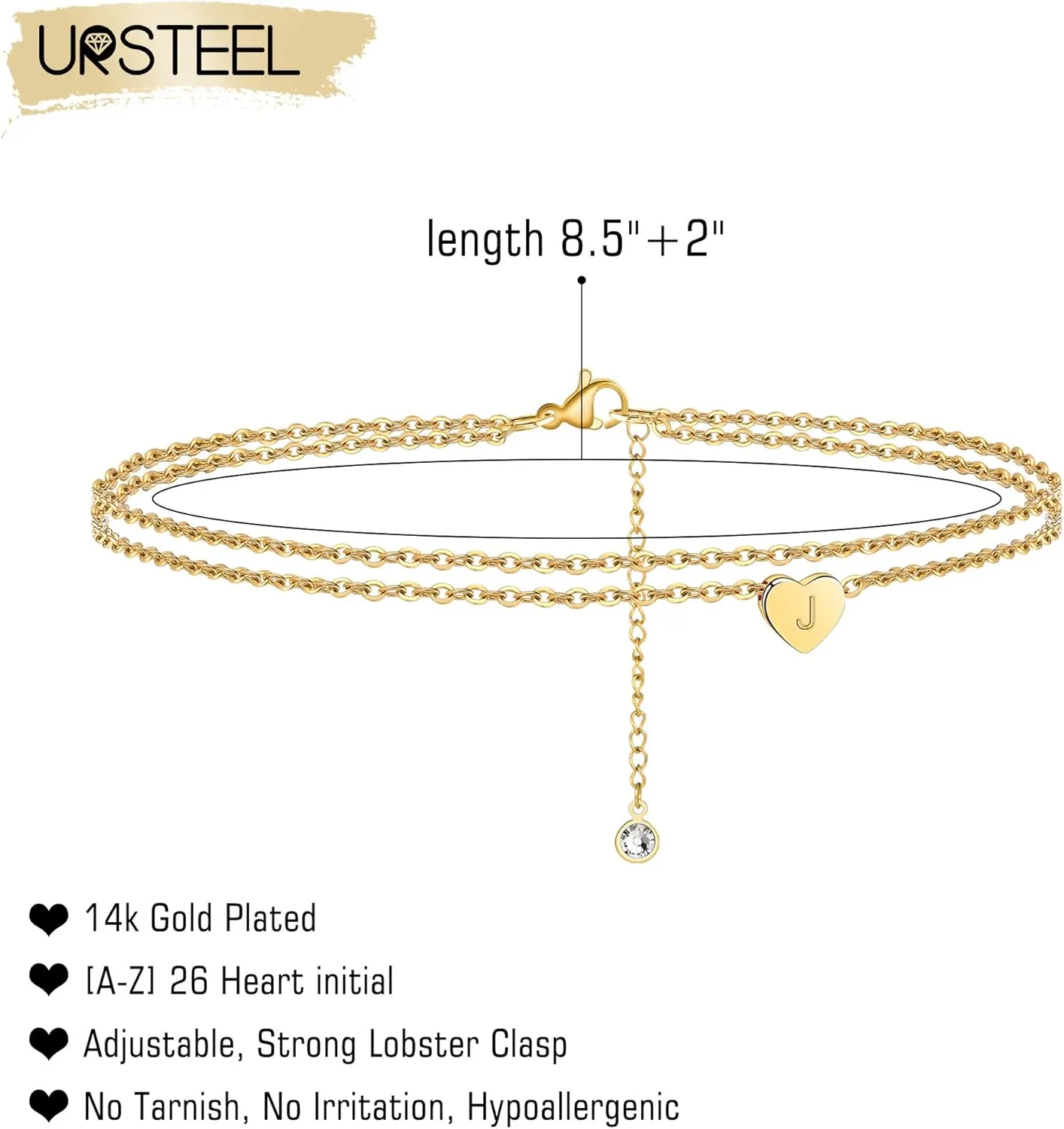 Ursteel Ankle Bracelets for Women, 14K Gold Plated Dainty Layered Heart Initial Anklets for Women Gifts