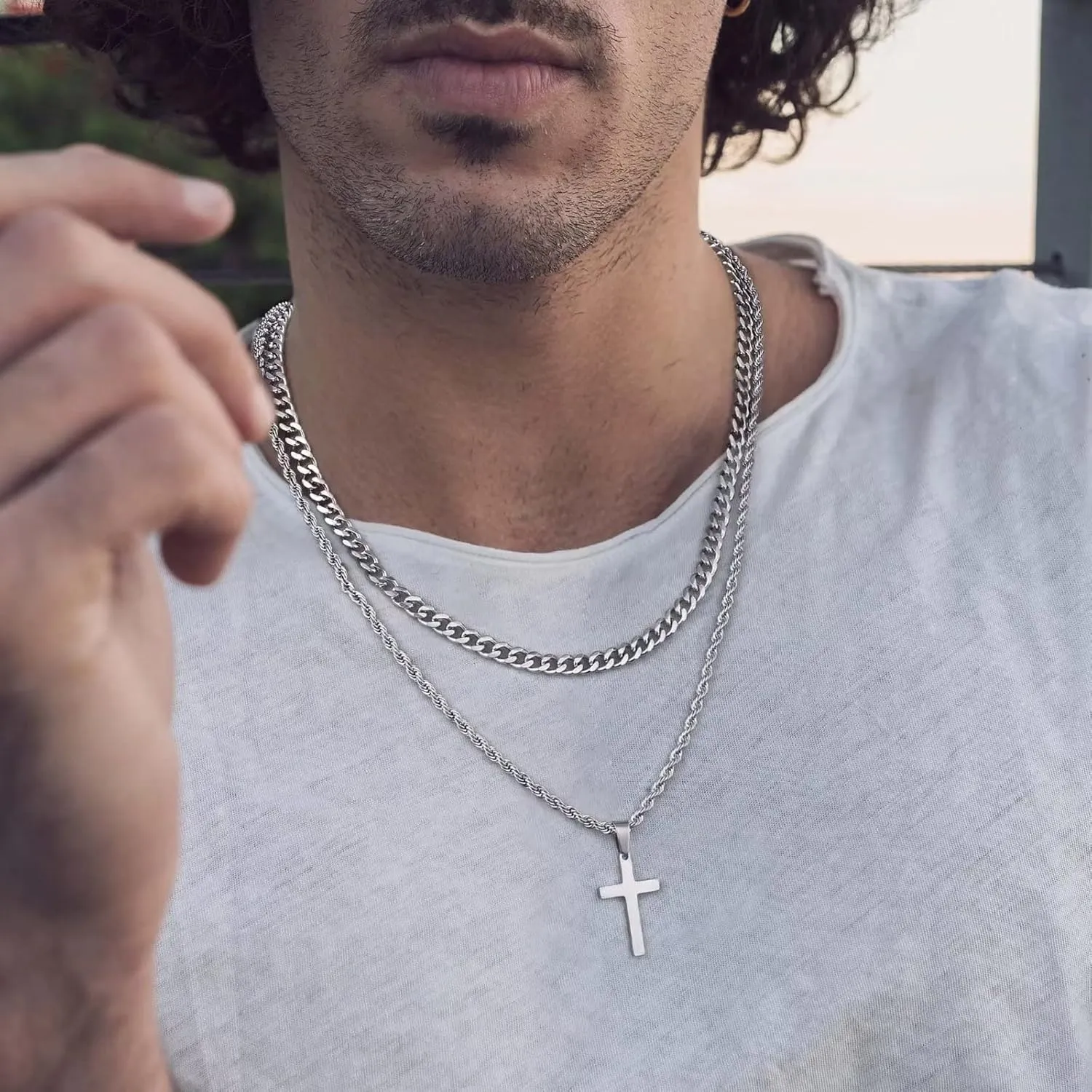Ursteel Layered Cross Necklace for Men - 18K Gold Silver Black Cross Necklaces Chain for Men, Layered Rope Chain Cross Necklace for Men 16 18 20 22 24 Inch