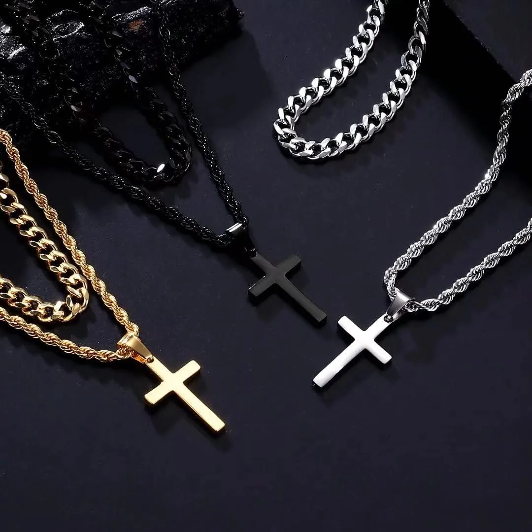 Ursteel Layered Cross Necklace for Men - 18K Gold Silver Black Cross Necklaces Chain for Men, Layered Rope Chain Cross Necklace for Men 16 18 20 22 24 Inch