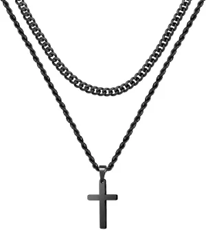 Ursteel Layered Cross Necklace for Men - 18K Gold Silver Black Cross Necklaces Chain for Men, Layered Rope Chain Cross Necklace for Men 16 18 20 22 24 Inch
