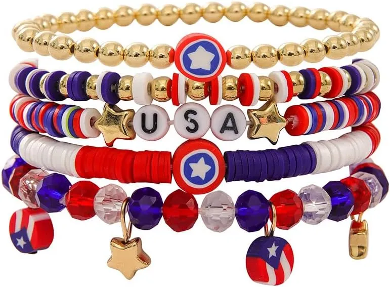 USA Heishi Clay Bead Bracelets Patriotic Party Boho Stackable Colorful Beaded Stretch Bracelets Elastic Layered Friendship Bracelet Set Independence Day Boho Jewelry