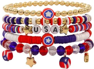 USA Heishi Clay Bead Bracelets Patriotic Party Boho Stackable Colorful Beaded Stretch Bracelets Elastic Layered Friendship Bracelet Set Independence Day Boho Jewelry