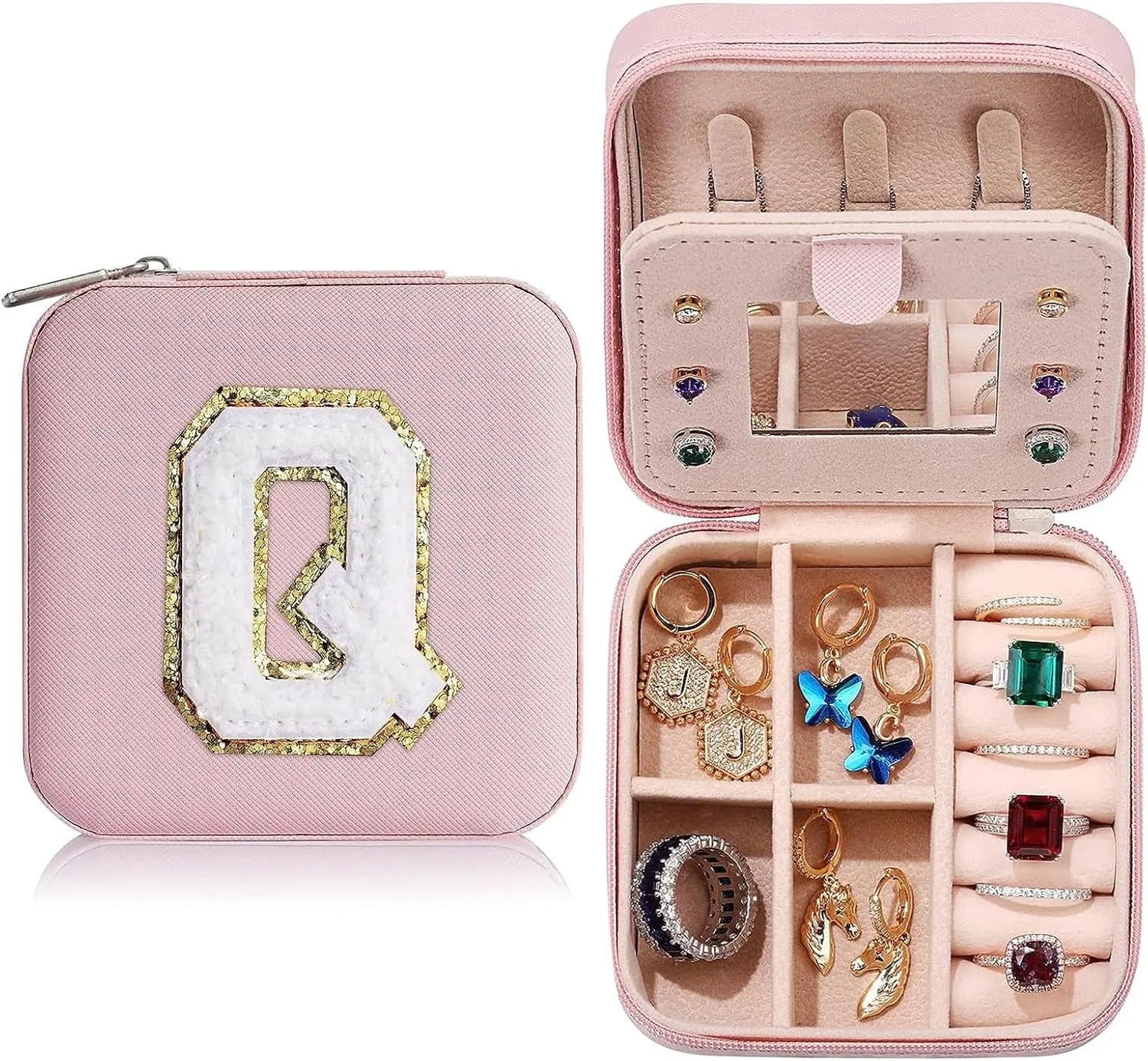 Valentines Gifts for Women Jewelry Box Travel Jewelry Case Earrings Necklace Ring Holder Jewelry Organizer with Mirror PU Leather Travel Essentials for Teen Girls Mom Birthday Gift (Q)