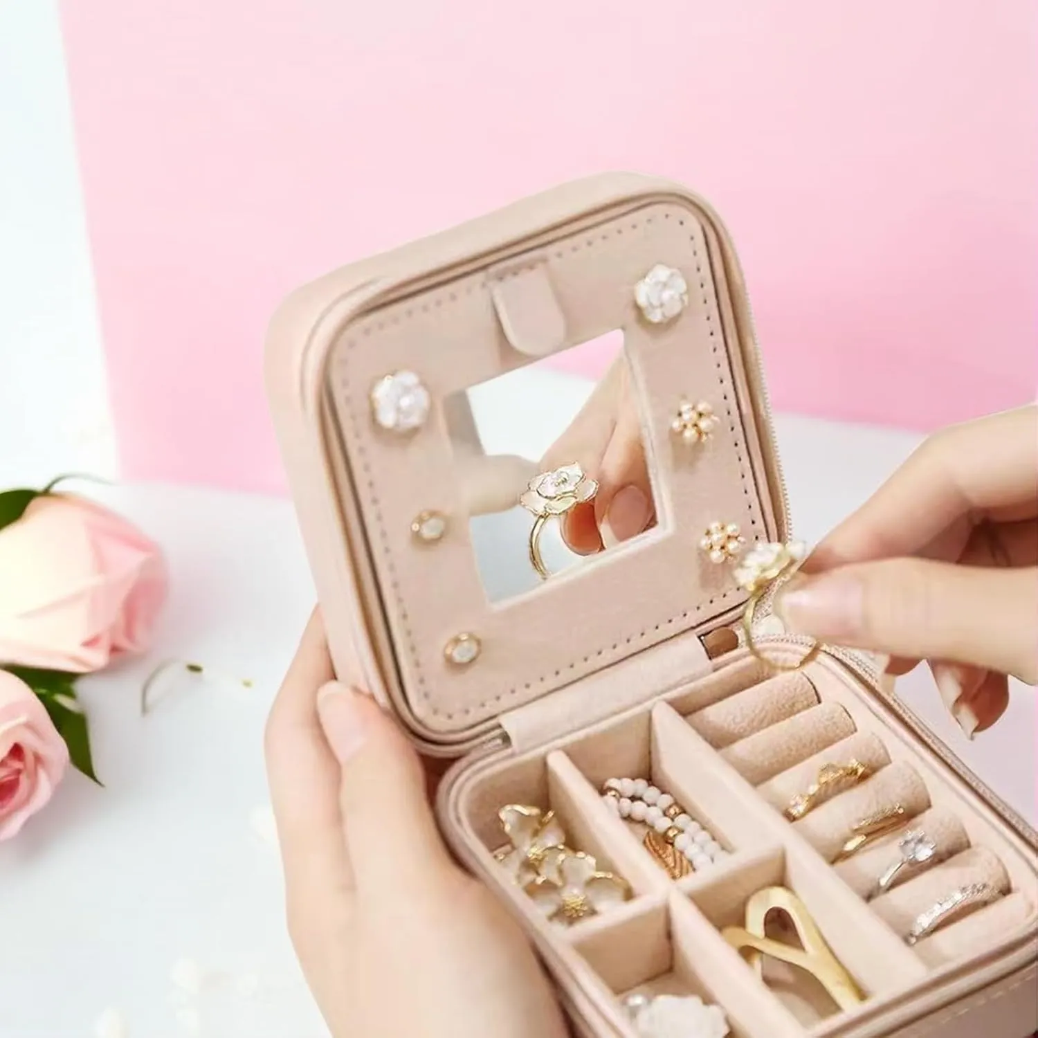 Valentines Gifts for Women Jewelry Box Travel Jewelry Case Earrings Necklace Ring Holder Jewelry Organizer with Mirror PU Leather Travel Essentials for Teen Girls Mom Birthday Gift (Q)