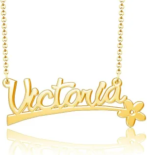 Victoria Name Necklace Personalized Nameplate Custom Flower Pendant 925 Sterling Silver