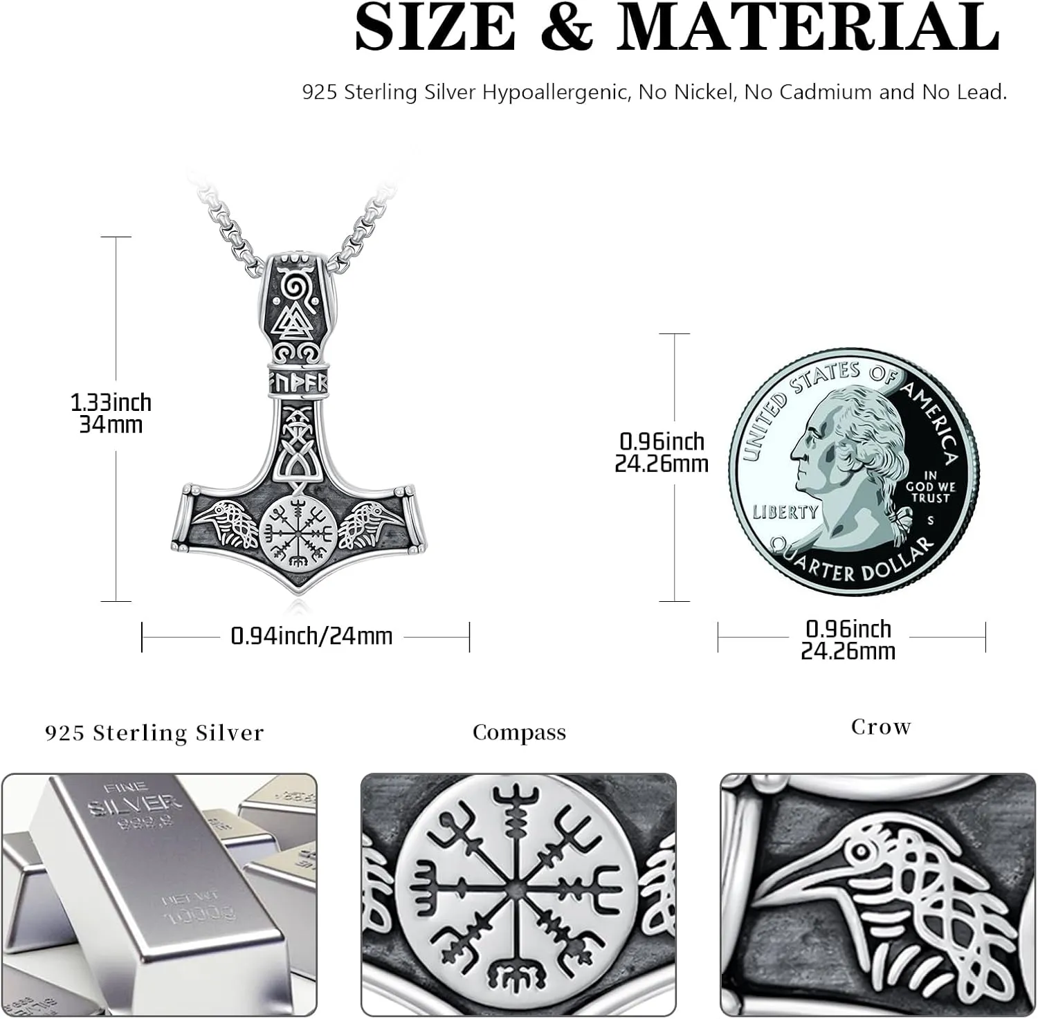 Viking Arrowhead/Thors Hammer/Axe/Wolf Necklace for Men 925 Sterling Silver Viking Norse Pagan Jewelry Gifts for Women