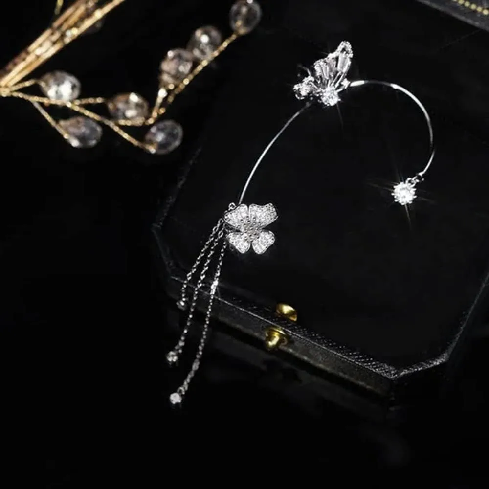 Vintage Crystal Butterfly Flower Ear Cuffs 2pcs Non-pierced Sparkling Iced Out Rhinestone Butterfly Cartilage Climber Ear Wrap Prom Party Festival Ear Jewelry for Women