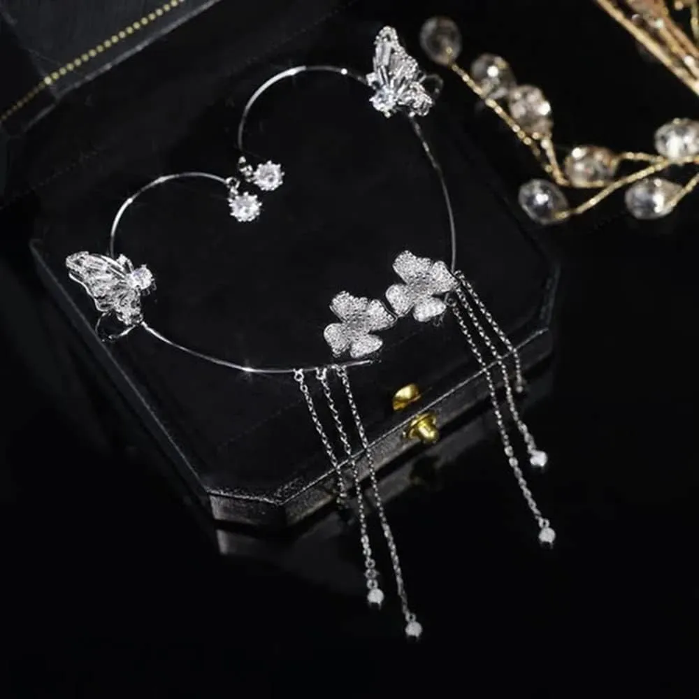 Vintage Crystal Butterfly Flower Ear Cuffs 2pcs Non-pierced Sparkling Iced Out Rhinestone Butterfly Cartilage Climber Ear Wrap Prom Party Festival Ear Jewelry for Women