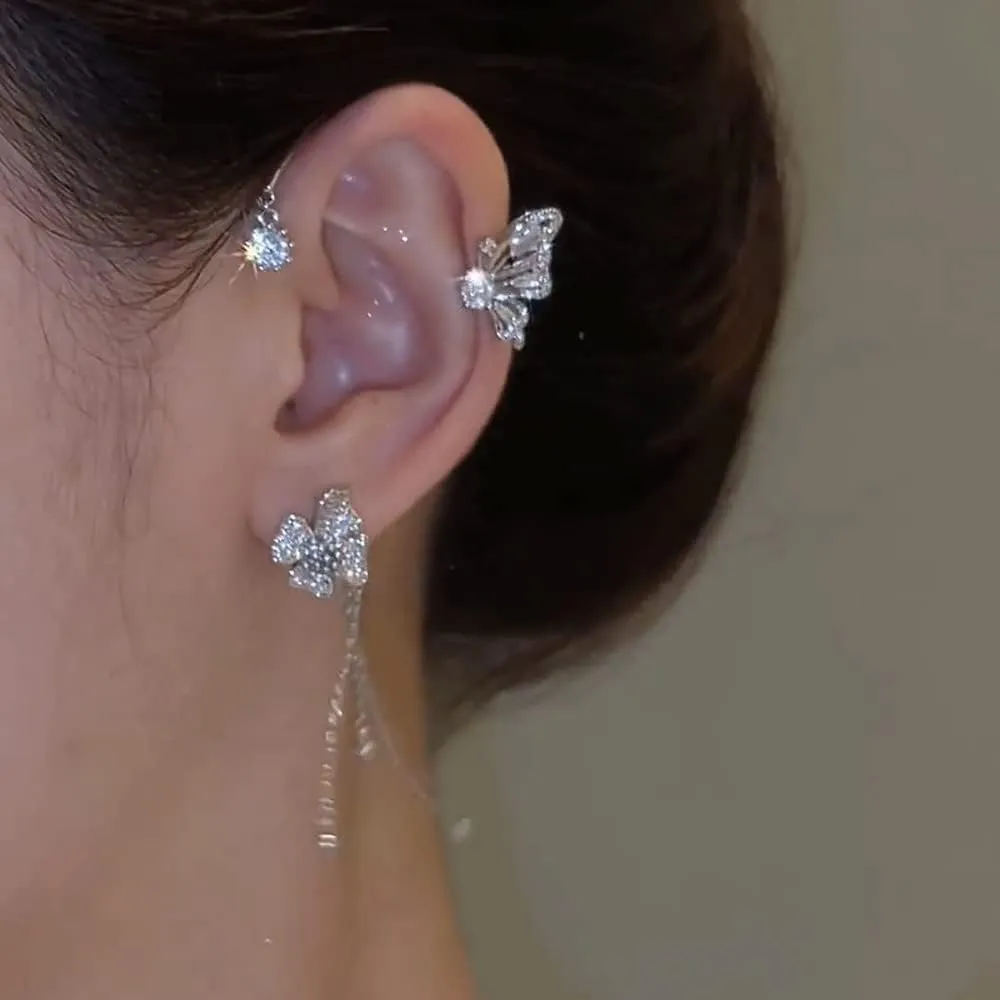 Vintage Crystal Butterfly Flower Ear Cuffs 2pcs Non-pierced Sparkling Iced Out Rhinestone Butterfly Cartilage Climber Ear Wrap Prom Party Festival Ear Jewelry for Women