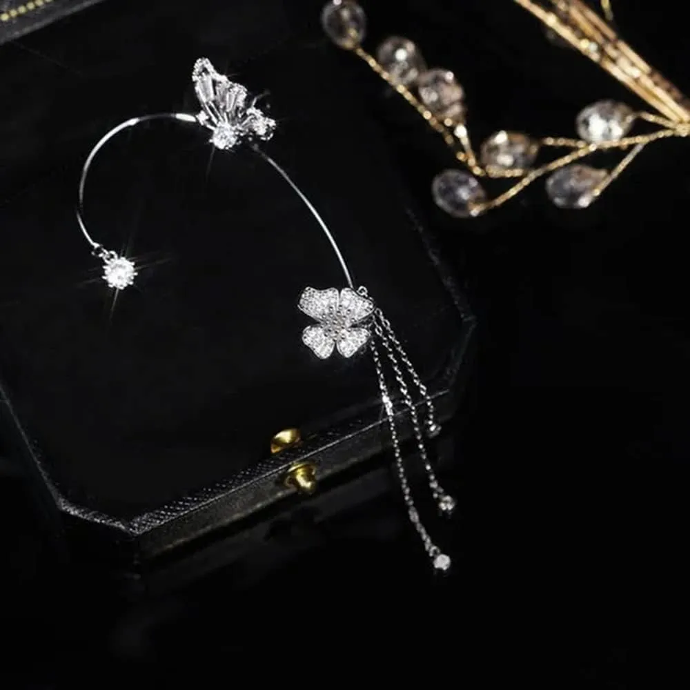 Vintage Crystal Butterfly Flower Ear Cuffs 2pcs Non-pierced Sparkling Iced Out Rhinestone Butterfly Cartilage Climber Ear Wrap Prom Party Festival Ear Jewelry for Women