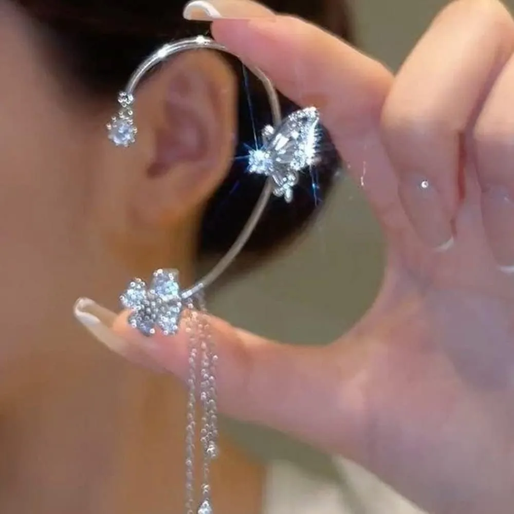 Vintage Crystal Butterfly Flower Ear Cuffs 2pcs Non-pierced Sparkling Iced Out Rhinestone Butterfly Cartilage Climber Ear Wrap Prom Party Festival Ear Jewelry for Women