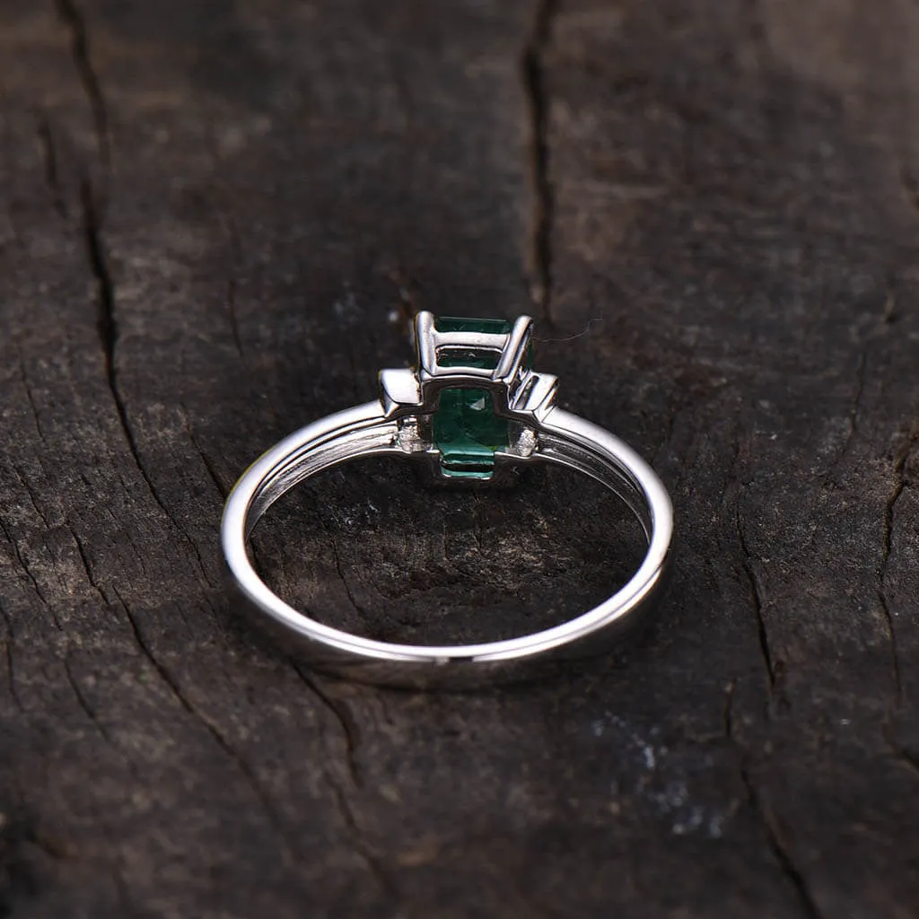Vintage Natural Emerald Cut Emerald And Baguette Cut Diamond Engagement Ring Three Stone