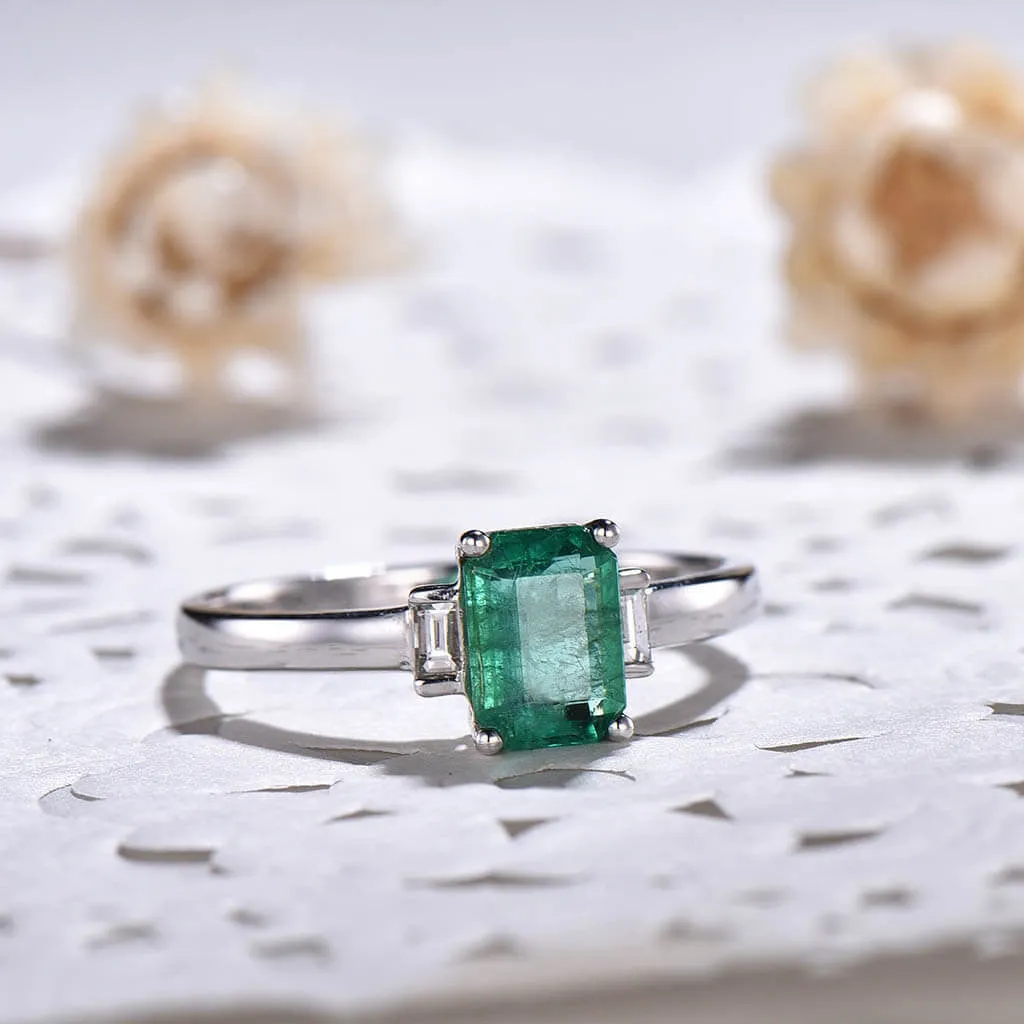 Vintage Natural Emerald Cut Emerald And Baguette Cut Diamond Engagement Ring Three Stone