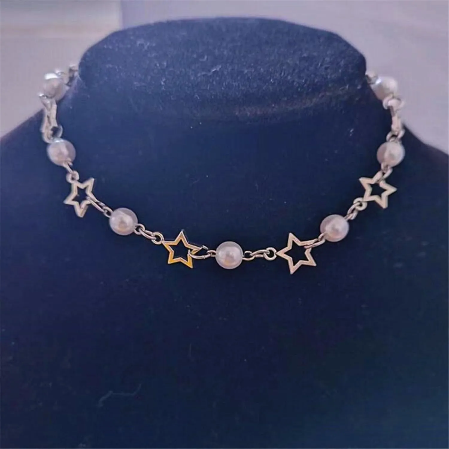 Vintage Y2K Star Pearl Double Layer Beaded Chain Adjustable Aesthetic Necklace Bracelet Grunge Punk Cool Retro Dainty Friendship Cute Jewelry Set for Women