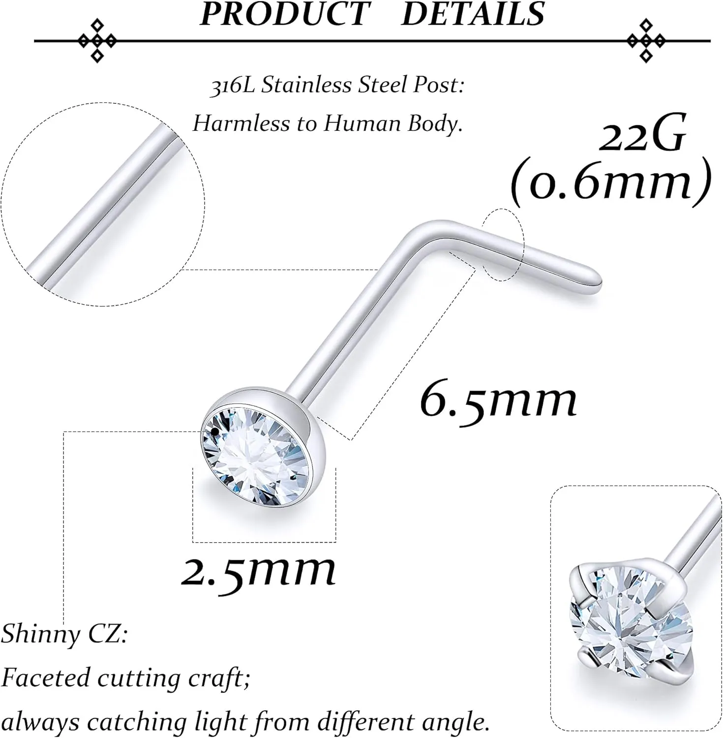 Vsnnsns 14K Gold Filled 18G 20G 22G Nose Rings Studs Piercing Jewelry for Women 316L Stainless Surgical Steel L Shaped Corkscrew Bone Nose Ring Studs Nostril Piercings Jewelry Diamond CZ Silver Gold