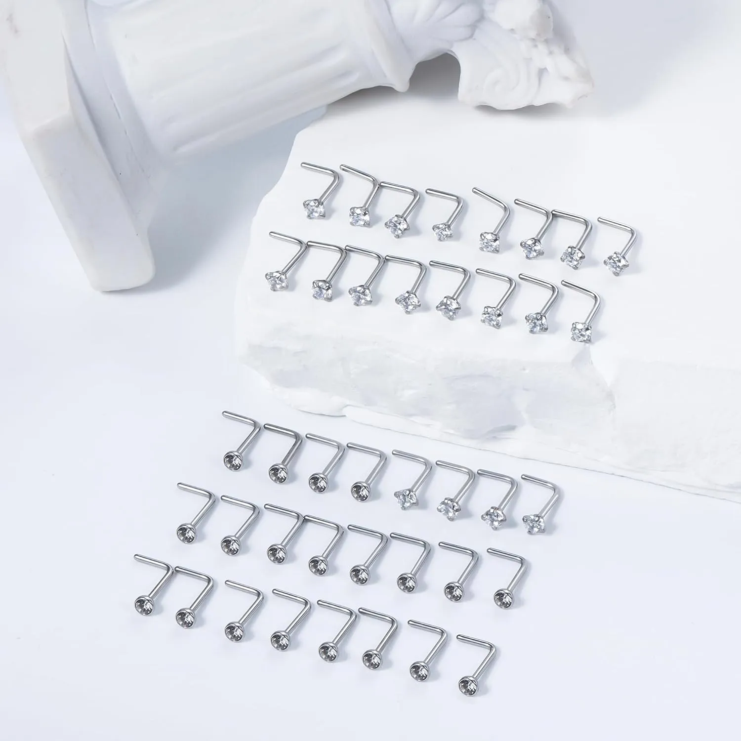 Vsnnsns 14K Gold Filled 18G 20G 22G Nose Rings Studs Piercing Jewelry for Women 316L Stainless Surgical Steel L Shaped Corkscrew Bone Nose Ring Studs Nostril Piercings Jewelry Diamond CZ Silver Gold
