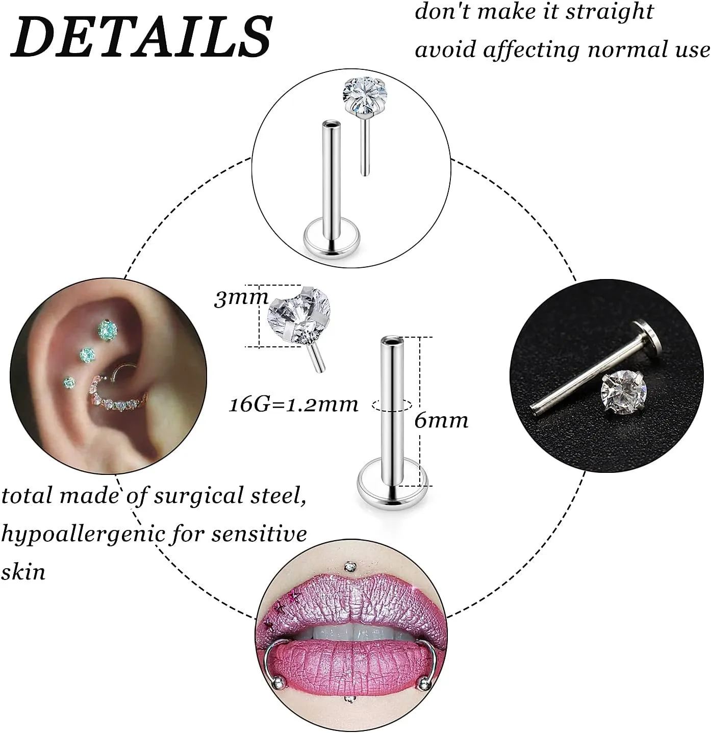Vsnnsns 16G 18G 20G Threadless Push in Lip Rings Stainless Steel Flat Back Nose Rings Studs Tragus Helix Conch Cartilage Lobe Earrings Stud Piercing Jewelry for Women Men Diamond CZ Opal Silver 20PCS