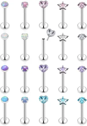 Vsnnsns 16G 18G 20G Threadless Push in Lip Rings Stainless Steel Flat Back Nose Rings Studs Tragus Helix Conch Cartilage Lobe Earrings Stud Piercing Jewelry for Women Men Diamond CZ Opal Silver 20PCS