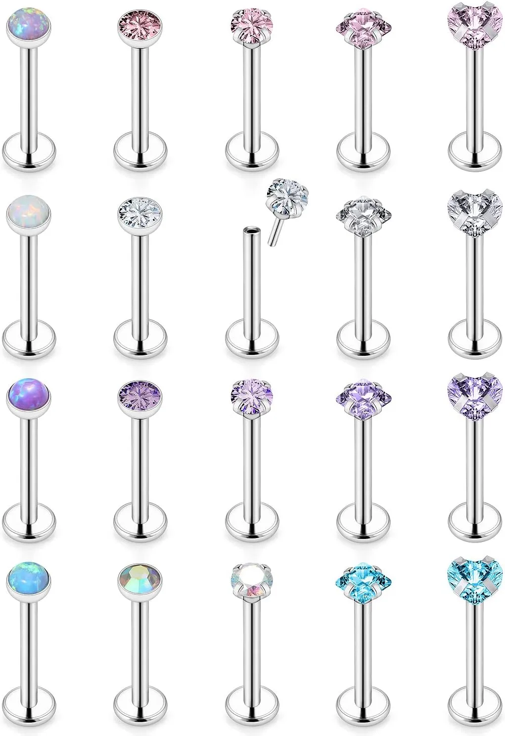 Vsnnsns 16G 18G 20G Threadless Push in Lip Rings Stainless Steel Flat Back Nose Rings Studs Tragus Helix Conch Cartilage Lobe Earrings Stud Piercing Jewelry for Women Men Diamond CZ Opal Silver