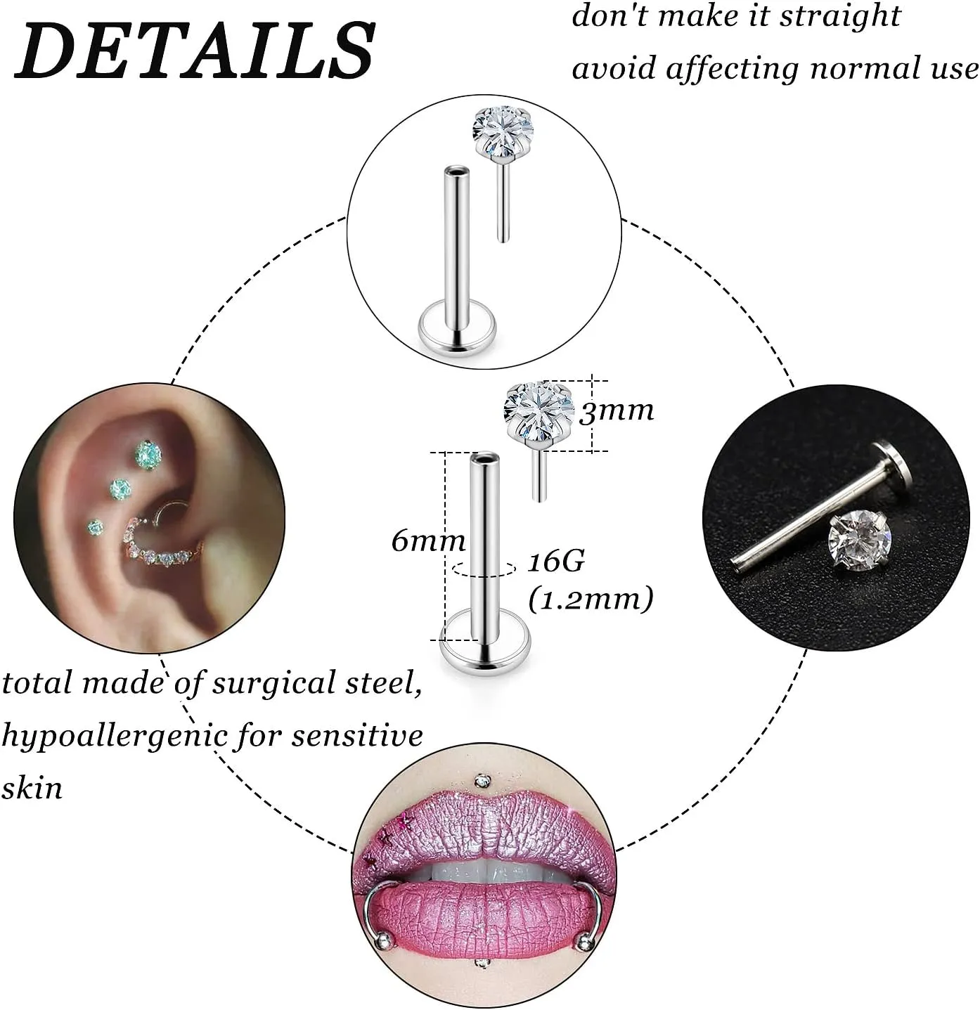 Vsnnsns 16G 18G 20G Threadless Push in Lip Rings Stainless Steel Flat Back Nose Rings Studs Tragus Helix Conch Cartilage Lobe Earrings Stud Piercing Jewelry for Women Men Diamond CZ Opal Silver