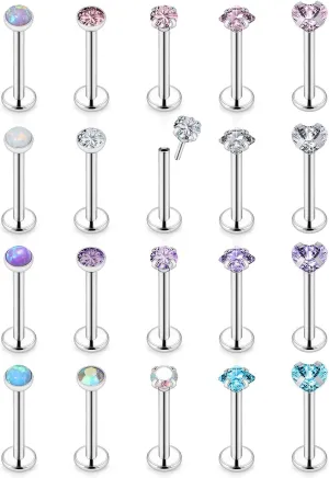 Vsnnsns 16G 18G 20G Threadless Push in Lip Rings Stainless Steel Flat Back Nose Rings Studs Tragus Helix Conch Cartilage Lobe Earrings Stud Piercing Jewelry for Women Men Diamond CZ Opal Silver