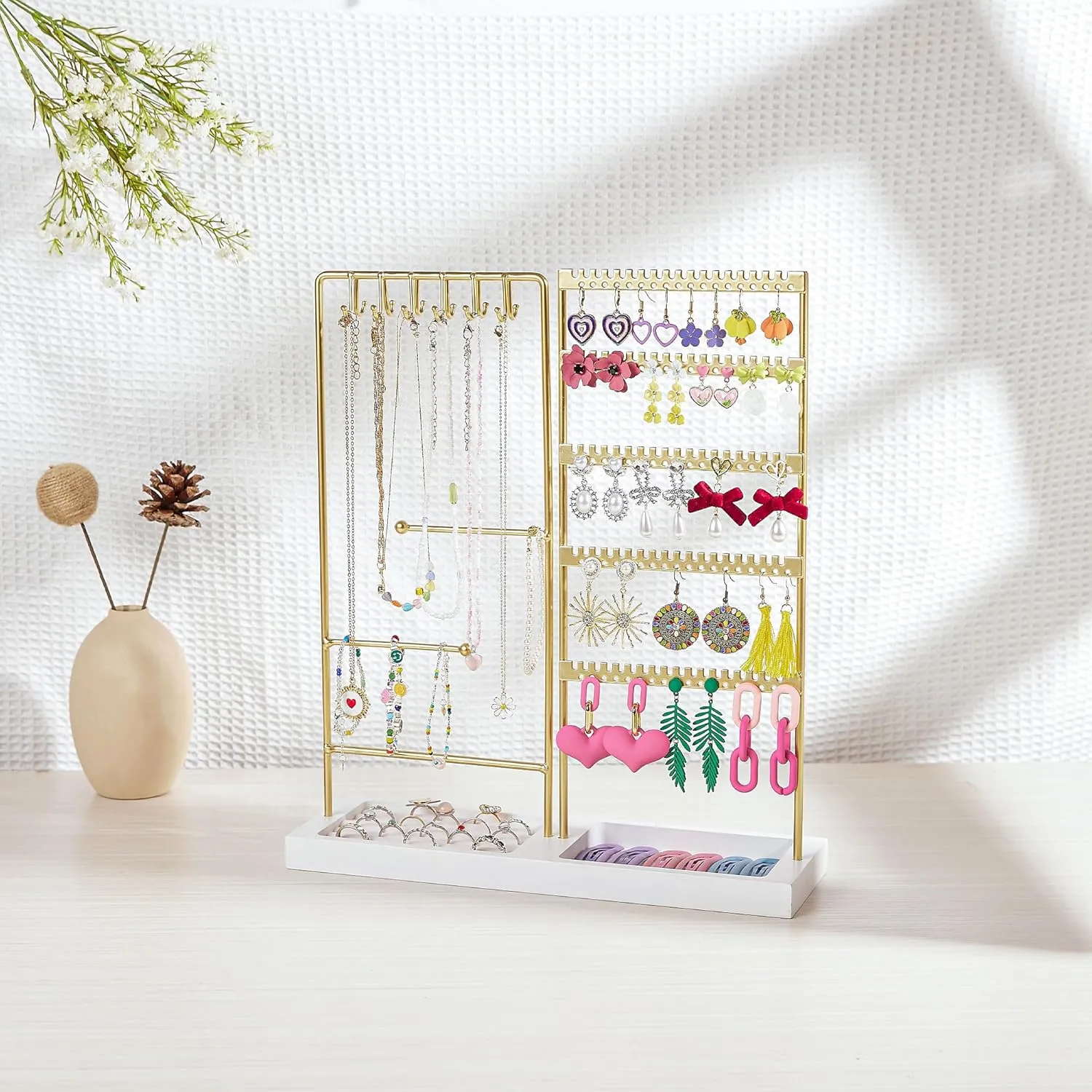 Vtopmart Jewelry Holder Organizer Stand Tree for Earring Necklace Ring Bracelets Display and Storage, with 90 Holes, 12 Hooks, Gold White