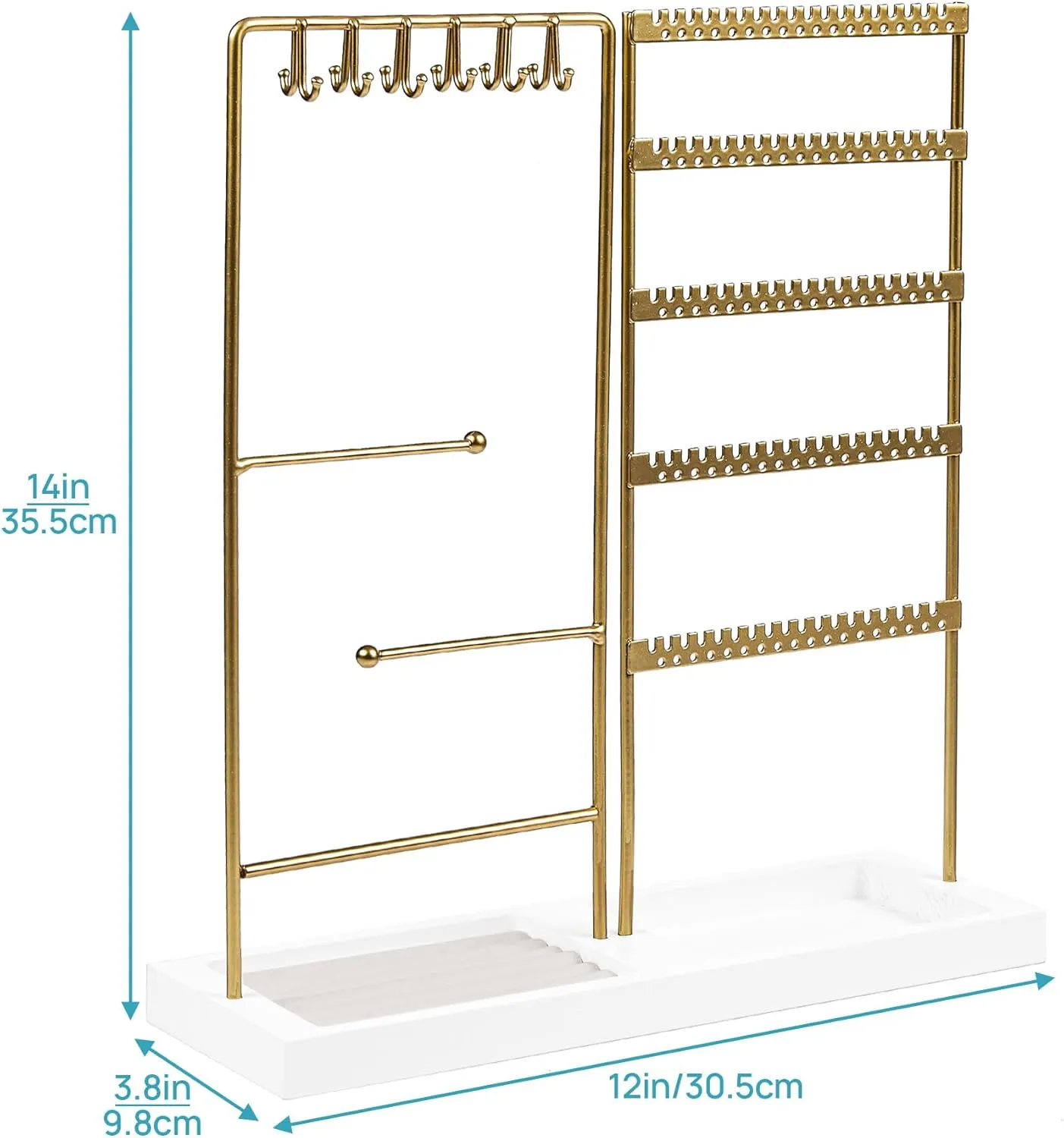 Vtopmart Jewelry Holder Organizer Stand Tree for Earring Necklace Ring Bracelets Display and Storage, with 90 Holes, 12 Hooks, Gold White