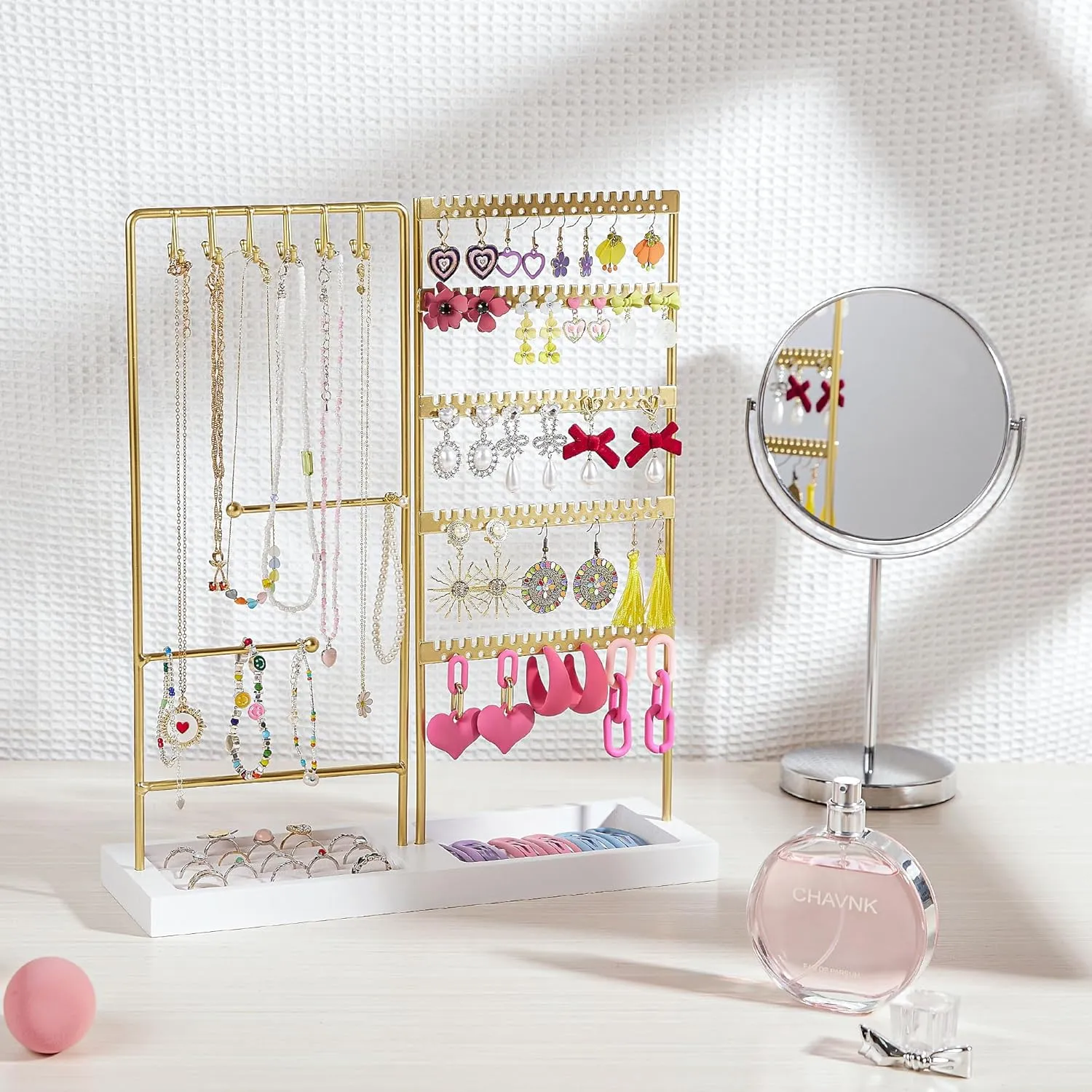 Vtopmart Jewelry Holder Organizer Stand Tree for Earring Necklace Ring Bracelets Display and Storage, with 90 Holes, 12 Hooks, Gold White