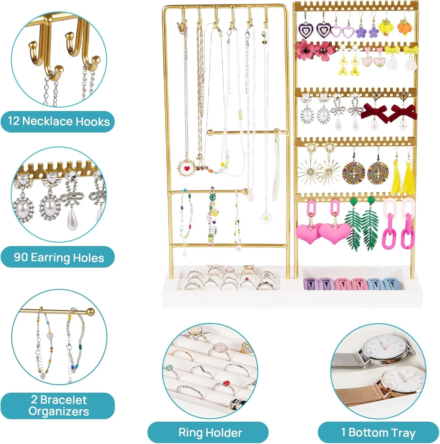Vtopmart Jewelry Holder Organizer Stand Tree for Earring Necklace Ring Bracelets Display and Storage, with 90 Holes, 12 Hooks, Gold White