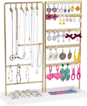 Vtopmart Jewelry Holder Organizer Stand Tree for Earring Necklace Ring Bracelets Display and Storage, with 90 Holes, 12 Hooks, Gold White