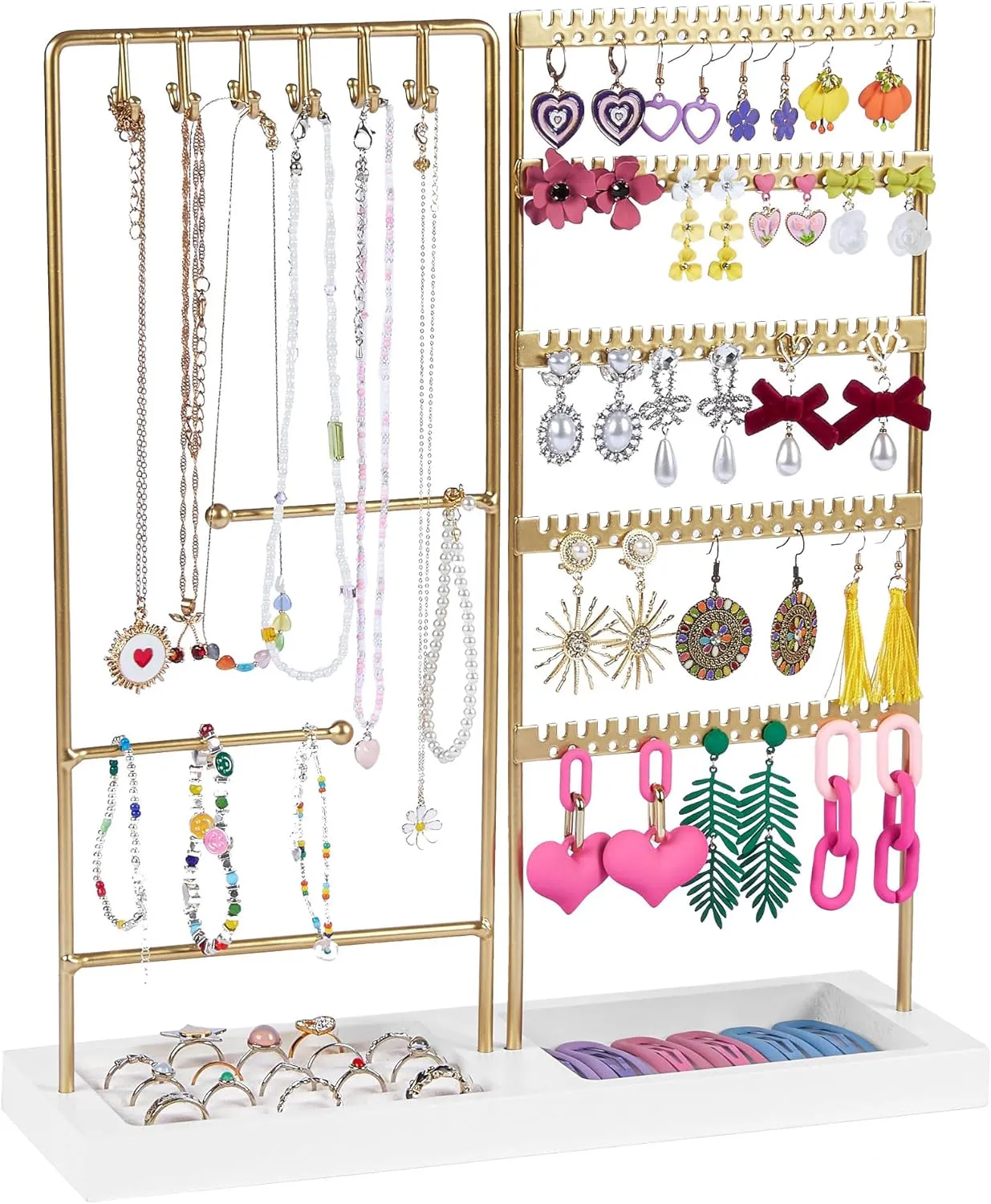 Vtopmart Jewelry Holder Organizer Stand Tree for Earring Necklace Ring Bracelets Display and Storage, with 90 Holes, 12 Hooks, Gold White