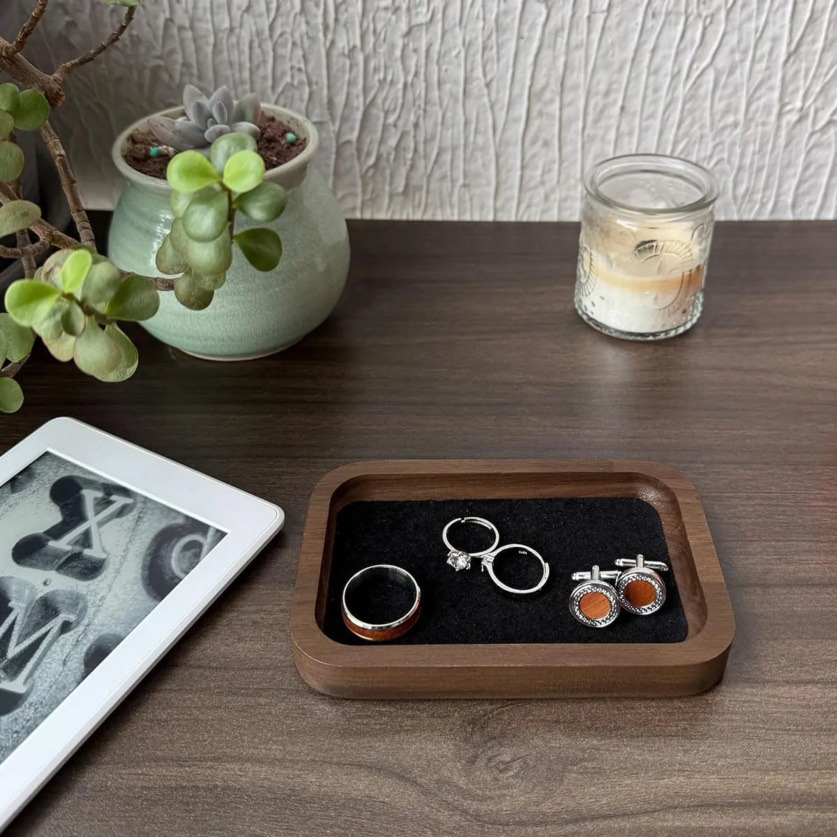 Walnut Solid Wood Square Jewelry Display Valet Tray Dish for Elegant Presentation of Your Finest Pieces, Perfect for Personal Use Men Gift