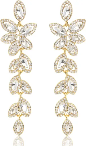 Wedding Rhinestone Drop Earrings - Womens Sparkling Long CZ Cluster Leaf Floral Crystal Vintage Bridal Chandelier Dangle Earrings for Women Brides Bridesmaids Party Prom