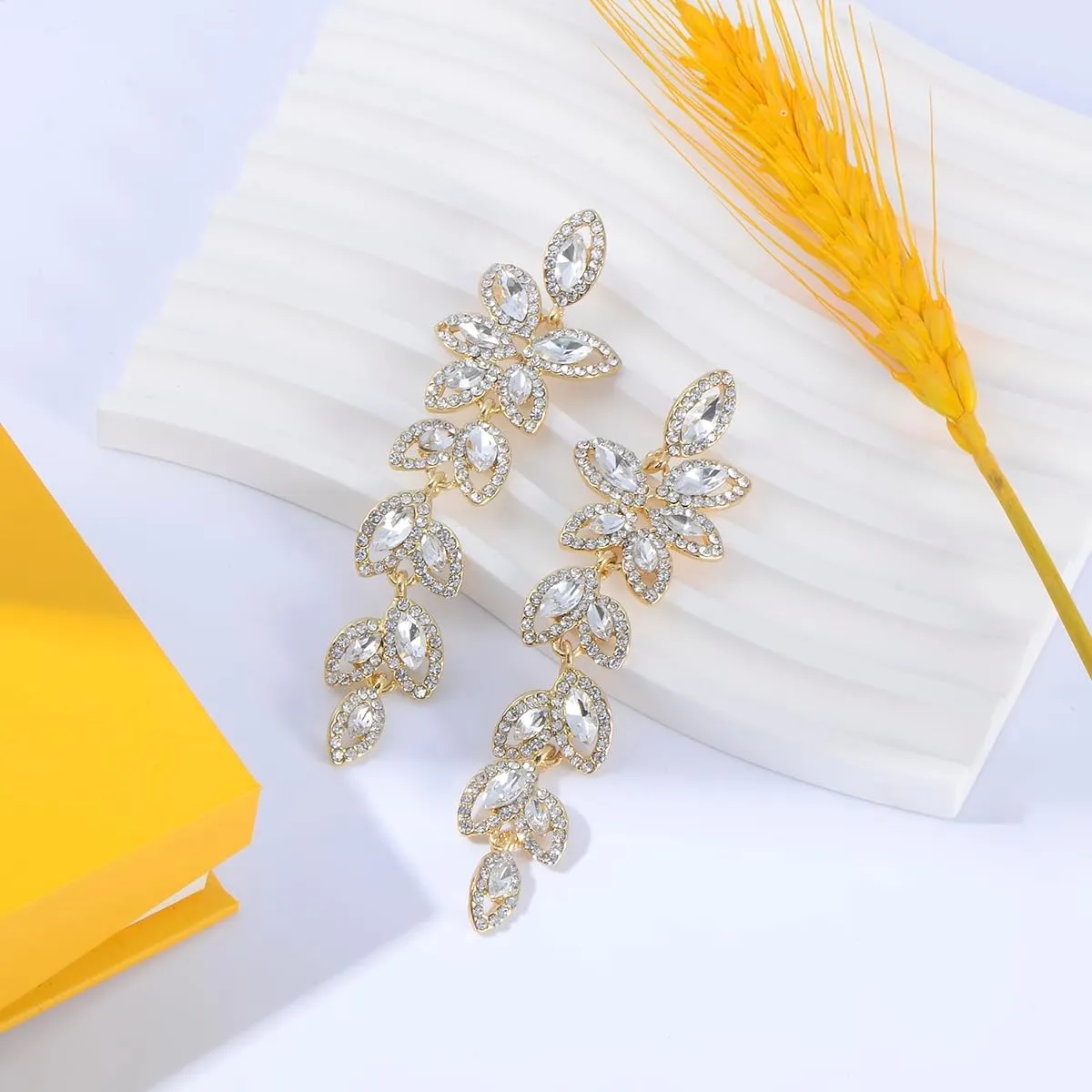 Wedding Rhinestone Drop Earrings - Womens Sparkling Long CZ Cluster Leaf Floral Crystal Vintage Bridal Chandelier Dangle Earrings for Women Brides Bridesmaids Party Prom