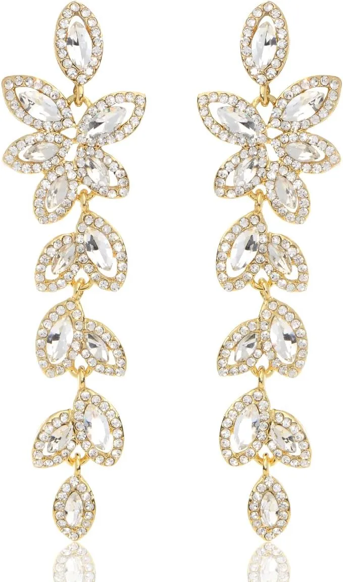 Wedding Rhinestone Drop Earrings - Womens Sparkling Long CZ Cluster Leaf Floral Crystal Vintage Bridal Chandelier Dangle Earrings for Women Brides Bridesmaids Party Prom