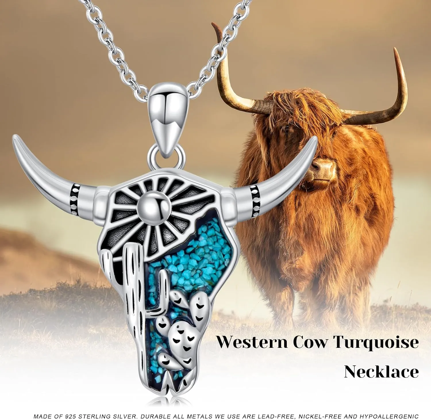 Western Necklace for Women 925 Sterling Silver Turquoise Western Pendant Country Jewelry Christmas Gifts for Cowgirl Cowboy