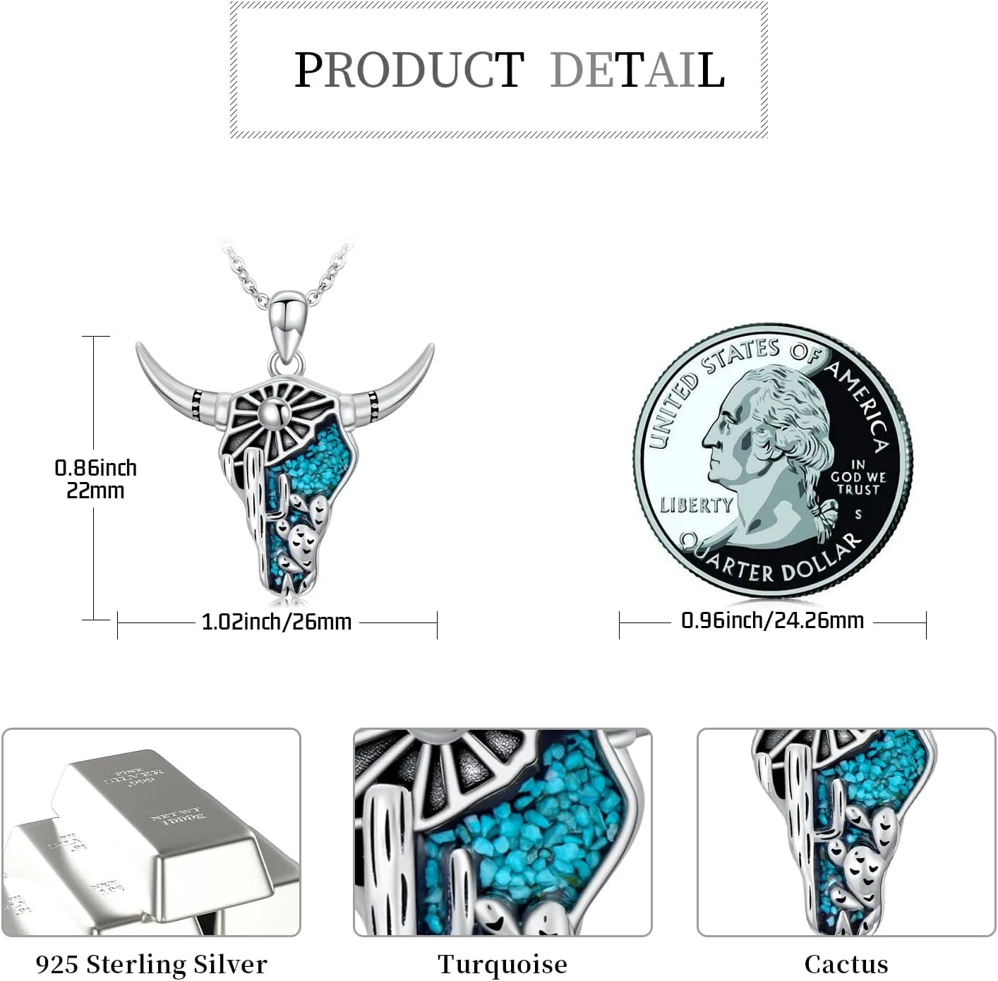 Western Necklace for Women 925 Sterling Silver Turquoise Western Pendant Country Jewelry Christmas Gifts for Cowgirl Cowboy