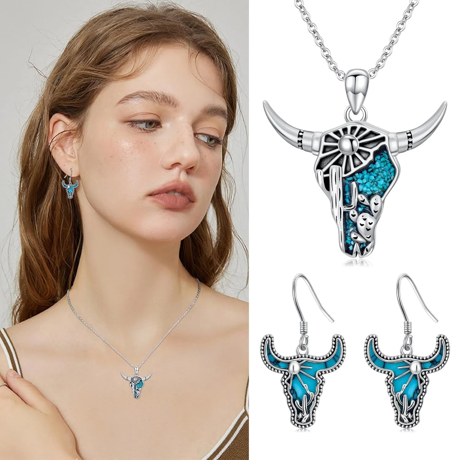 Western Necklace for Women 925 Sterling Silver Turquoise Western Pendant Country Jewelry Christmas Gifts for Cowgirl Cowboy