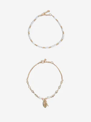 Westside Accessories Gold & White Pearl Anklet Set - Pack of 2